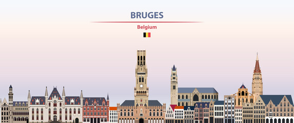 Bruges cityscape on sunset sky background vector illustration with country and city name and with flag of Belgium