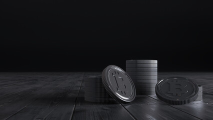 Stack of black bitcoins on a dark wooden background. 3D render, BTC Currency Technology