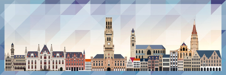 Bruges skyline vector colorful poster on beautiful triangular texture background