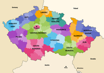 Czech Republic regions vector map with neighbouring countries and territories - obrazy, fototapety, plakaty