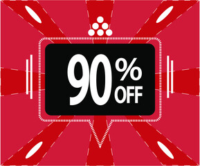 90% off. Red banner with a black balloon for sales and promotions