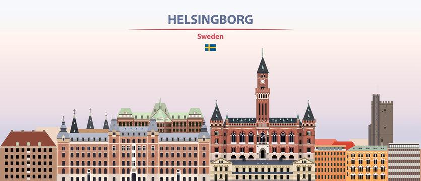 Helsingborg cityscape on sunset sky background vector illustration with country and city name and with flag of Sweden