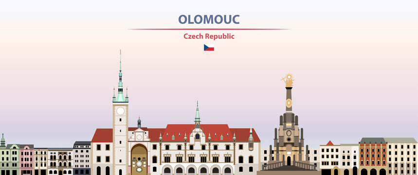 Olomouc cityscape on sunset sky background vector illustration with country and city name and with flag of Czech Republic