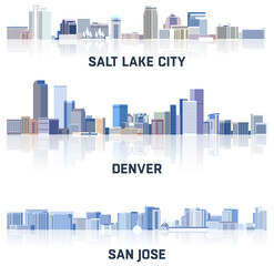 vector collection of United States cityscapes: Salt Lake City, Denver, San Jose skylines in tints of blue color palette. Crystal aesthetics style