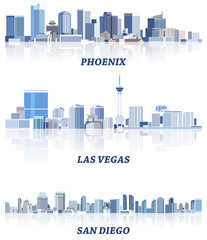 vector collection of United States cityscapes: Phoenix, Las Vegas, San Diego skylines in tints of blue color palette. Crystal aesthetics style