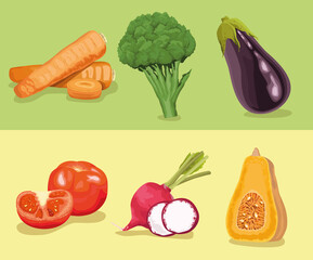 six vegetables healthy food icons