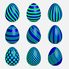 Set of Blue Easter Eggs Symbol with Different Texture on White Background. Happy Easter Day Vector Illustration