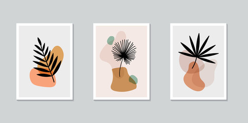 Bohemian poster collection. Exotic leaves with abstract spots. Wall art design. Trendy decoration. Vector illustration
