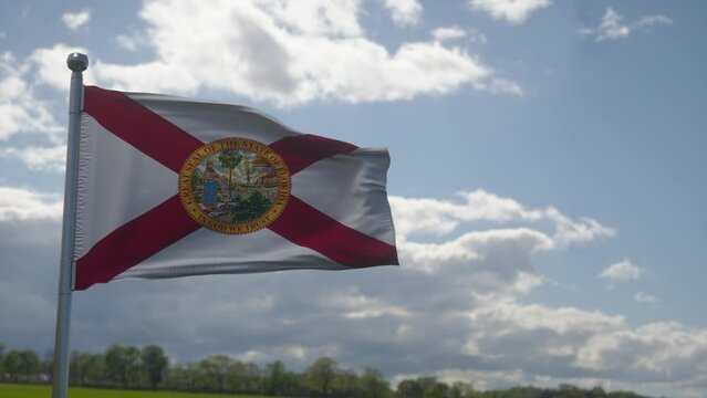 Florida flag on a flagpole waving in the wind in the sky. State of Florida in The United States of America