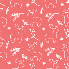 Seamless vector Christmas pattern, hand-drawn, fir branches, berries and deer