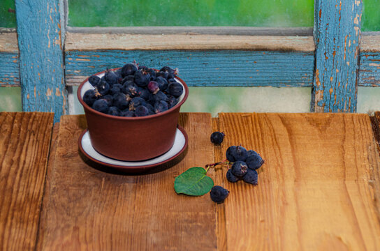 irga berries in a cup. On the boards near the window in a clay cup are ripe black berries of irgi. High quality photo