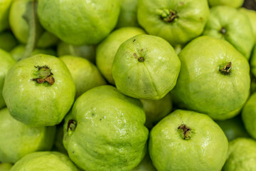 Food Background. Delicious fruits for sale in the market. Closeup fresh guavas. A lots of guava.
