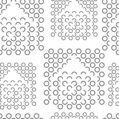 Vector illustration. Geometric seamless pattern. Contour circle, semicircle and quarter circle in the shape of a house. Spotted black and white background. Simple abstract background with polka dots.