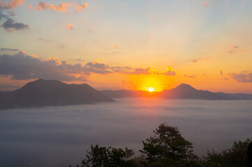 Landscape view on mountain with misty in morning at view point of Phu Thok hill at Chiang Khan Loei province, Thailand