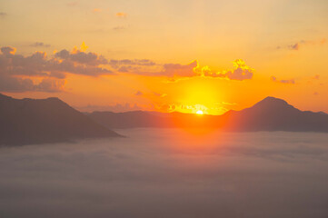 Landscape view on mountain with misty in morning at view point of Phu Thok hill at Chiang Khan Loei province, Thailand