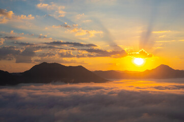 Landscape view on mountain with misty in morning at view point of Phu Thok hill at Chiang Khan Loei...