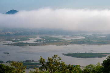 Lanscape riverside of Mae Khong river and mountain views border of Thailand and Laos at Pak Chom District in Loei province, Thailand.