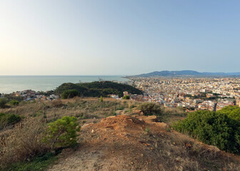Malaga old town and historical city center panoramic view with Sierra de Mijas mountain range from Monte Victoria, Spain, Europe