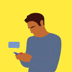 modern man communicates on the phone. Internet messages. Connection of people. Silhouette of a man with a short haircut on a yellow background. Vector illustration