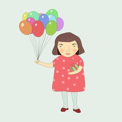 a little girl in a dress and with short dark hair on a holiday with a gift and balloons of different colors. Merry holiday, modern cartoon illustration in flat style. birthday, christmas, new year