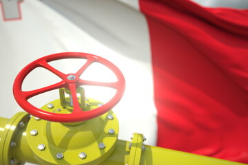 Pipe valve close-up and flag of Malta, 3d rendering
