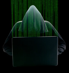 Hacker with binary code. Hacker with laptop isolated on black.