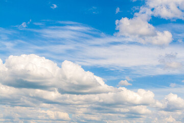 Beautiful summer sky as background. Blue sky with cumulus and cirrus clouds.