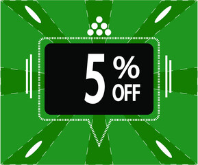 5% off. Green banner with a black balloon for sales and promotions