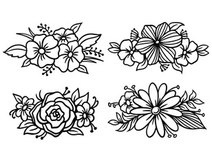 Set drawing and sketch of flowers roses and wild flowers linear pattern on a white background. A bunch of flowers wreath