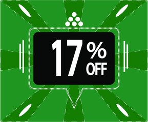 17% off. Green banner with a black balloon for sales and promotions