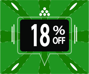 18% off. Green banner with a black balloon for sales and promotions