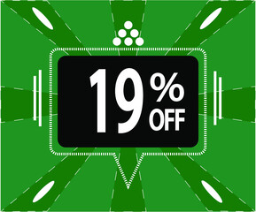 19% off. Green banner with a black balloon for sales and promotions