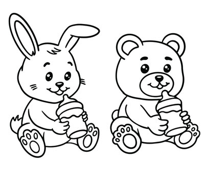 Baby Bunney Baby bear Black and White Baby Fox Holding Bottles, Outline Style