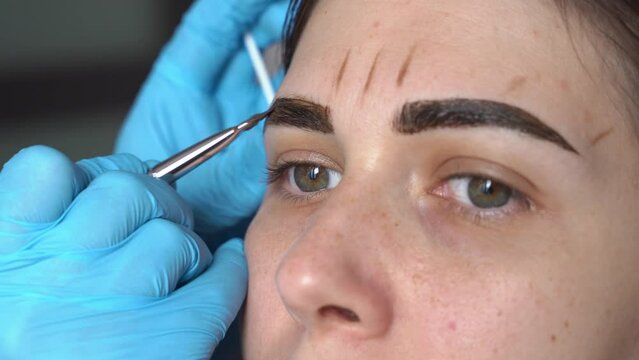 female eyebrows close-up on which henna is applied with a brush