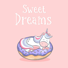 Cute Unicorn vector sleep on cake pony cartoon for sweet dream pastel color, Kawaii animal with star, Nursery decoration: Illustration of fairytale horse in Flat style design. kid fashion artworks