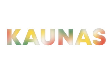 Kaunas lettering decorated with yellow, green and red blurred gradient. Illustration on white, cut out clipart elements for design decoration, sticker, t-shirt print, banner, apps, web
