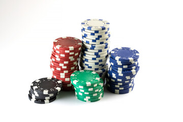 Stack of poker chips. Colorful tokens. Card game and gambling. Casino and gaming.