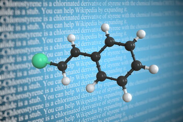 Molecular model of chlorostyrene, 3D rendering