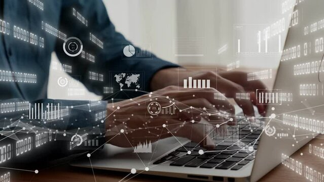 Businessman uses capable laptop computer to analyse business data analytic for marketing strategy and customer relationship management