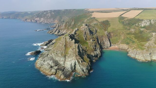 Aerial of Gammon Head coastline near Prawle Point, Salcombe, Devon, England
