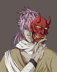 Anime samurai wears a mask