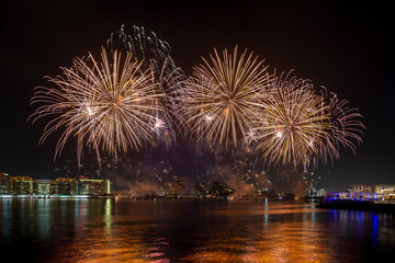 Fireworks above the lake in Yas Bay for 50th Golden Jubilee UAE National Day celebrations in Abu Dhabi