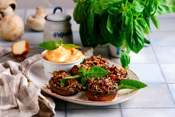 Stuffed mushroom with sauce.selective focus