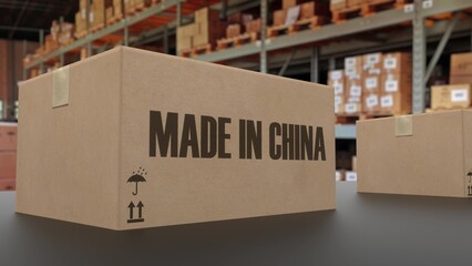 Boxes with MADE IN CHINA text on conveyor. 3d illustration