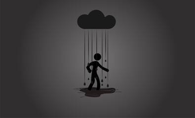 Sad stick person walking under raining cloud above head, sadness and loneliness concept, sad Joe, copy space