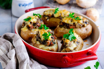 Stuffed potato with mushroom.selective focus