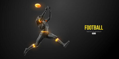 Realistic silhouette of a NFL american football player man in action isolated black background. Vector illustration
