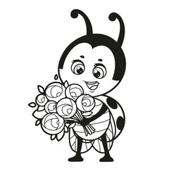 Cartoon cute ladybug holding a bouquet of roses in hands outlined for coloring page on white background