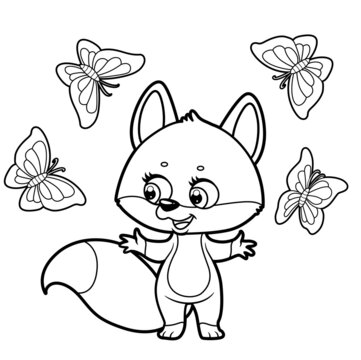 Cute cartoon fox catch butterflies outlined for coloring page on white background