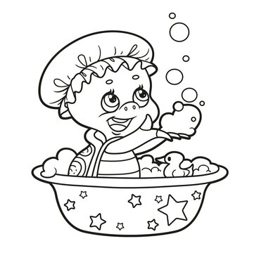 Cute little turtle takes a bath and plays with soap suds outlined for coloring page on white background